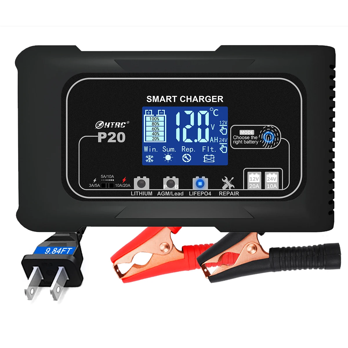 HTRC 15A/20A Smart Battery Charger Automatic Pulse Repair Charge for Lead-Acid Lithium LiFePO4 Battery Car Motorcycle Charger