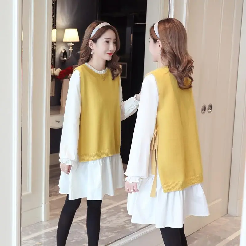 Maternity Dresses Knit Vest 2pc Maternity Clothes Women pregnant Long Sleeve Dresses Plus Size Pregnancy Dress Sets