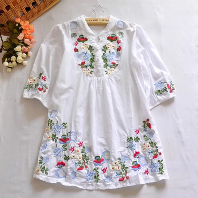 Vintage 70s Women Colorful Mexican Ethnic Gypsy Dress Floral Embroidered Boho Blouse Blusas Camisas Femininas