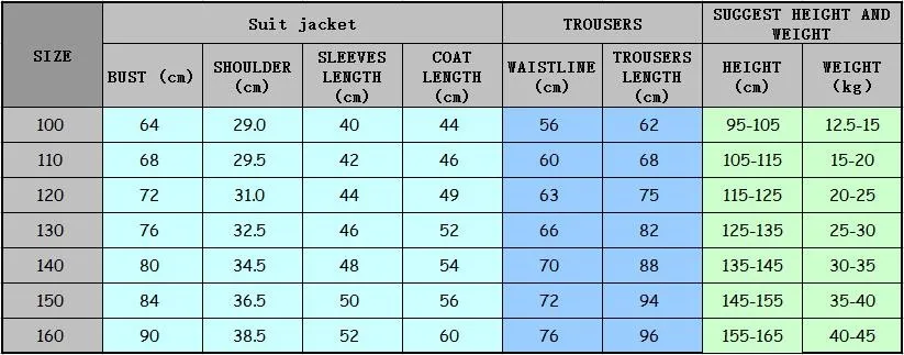 size chart of the boys suit
