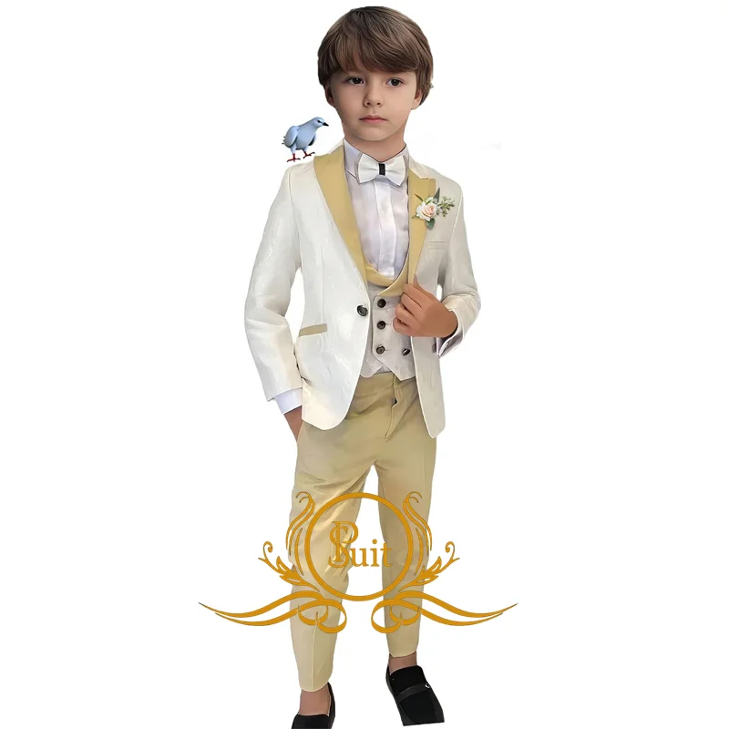 White Floral Wedding Boy Suit Jacquard Slim Fit Kids Tuxedo 3 Piece Wedding Suit Child White Tuxedo
