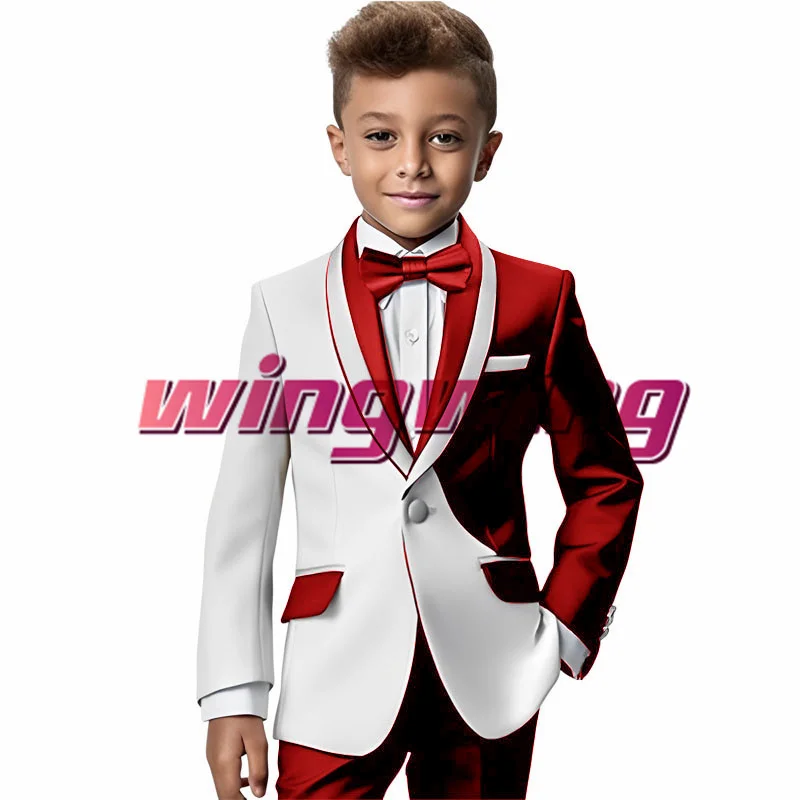 Boys Suit Color Block Jacket Pants 2 Piece Wedding Tuxedo White Red Kids Blazer Fashion Clothes