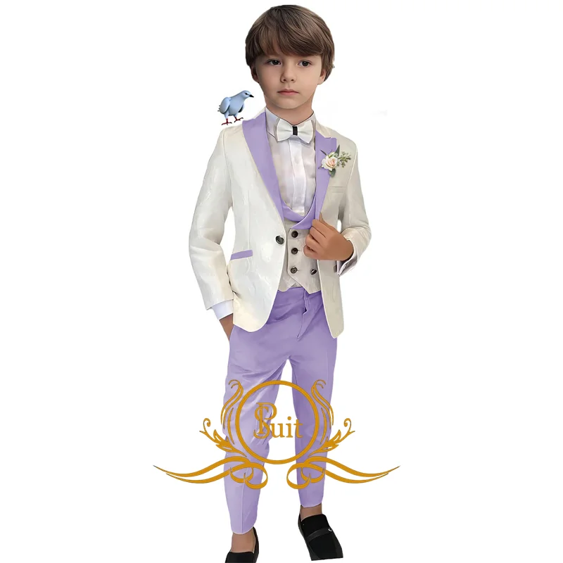 White Floral Wedding Boy Suit Jacquard Slim Fit Kids Tuxedo 3 Piece Child White Tuxedo