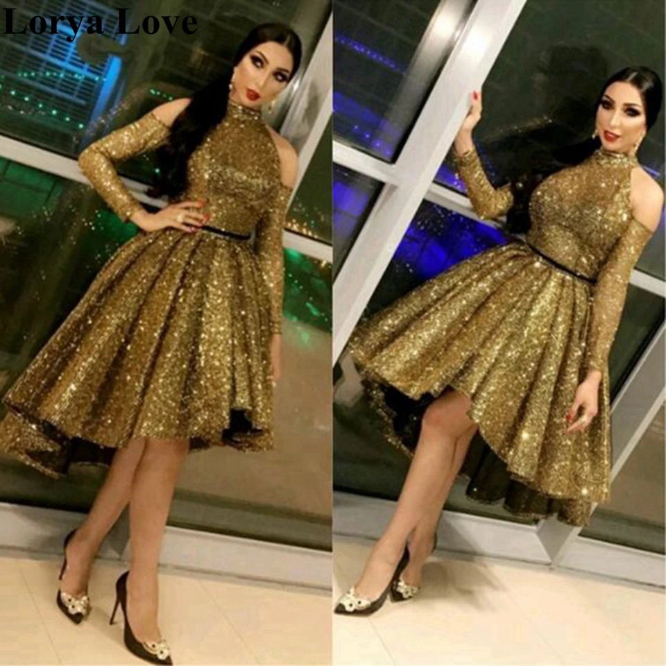 Gold Short Front Long Back Prom Dresses 2023 Off Shouder Shiny Sequined Vestidos Fluffy Cocktail Dress Party Graduation Gowns