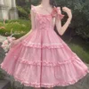 Japanese Summer Sweet Girly Lolita Style Soft Girl Camisole Dress Kawaii Bow Ruffles Sleeveless High Waist JSK Cupcake Dress - Image 4