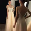 2023 Champagne Prom Dresses Sexy Women Formal Party Appliques Tulle Floor Length Long Graduation A-line Backless Evening Gowns