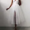 Women Summer Cocktail Dress Solid Color Spaghetti Strapless Tulle Tutu Dress Party Elegant Side Slit Braces Mesh A-Line Vestido