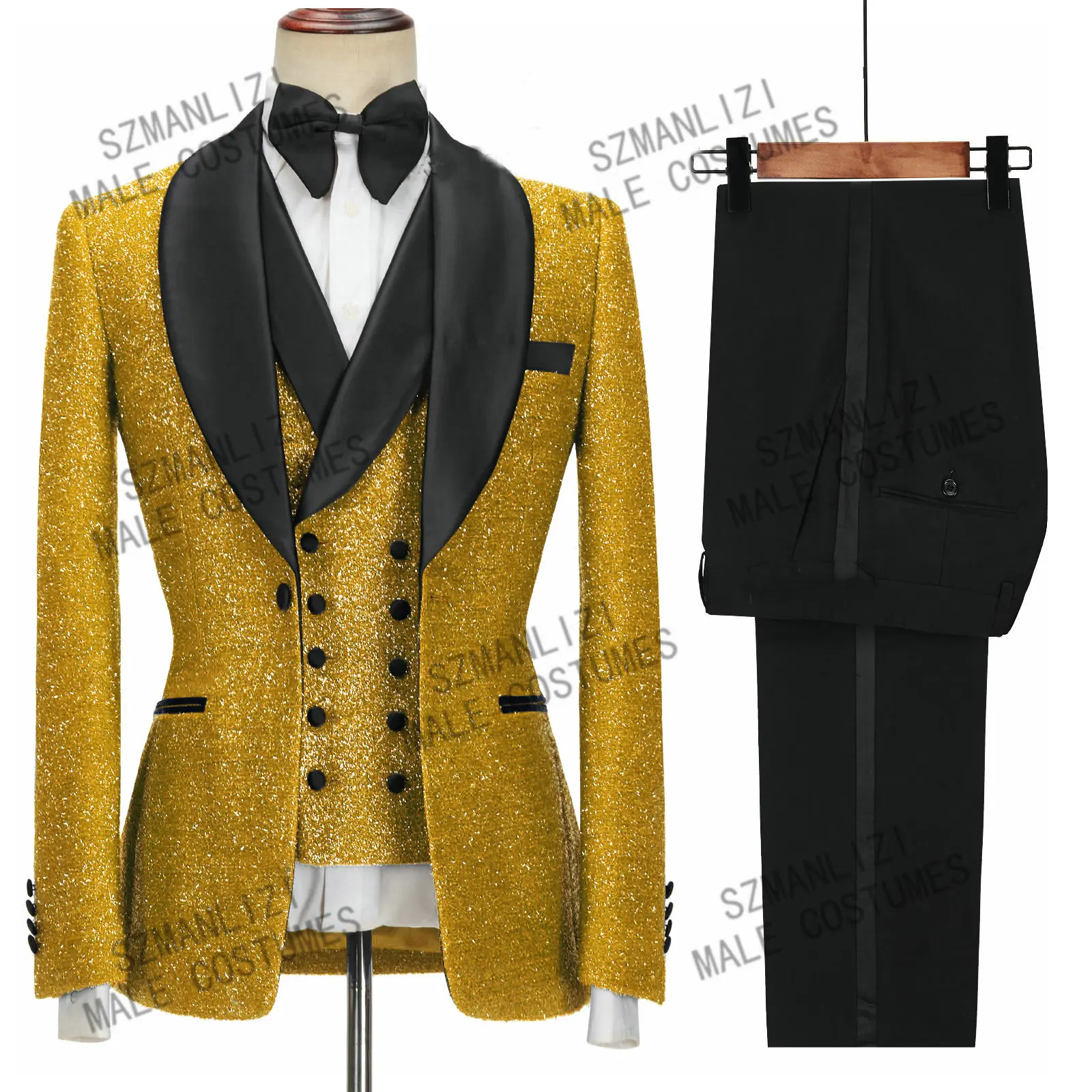 2024 Handsome Shiny Gold Men Suits Wedding Suits For Men Shawl Lapel 3 Pieces Slim Fit Men's Party Tuxedos Groom Wear Bridegroom