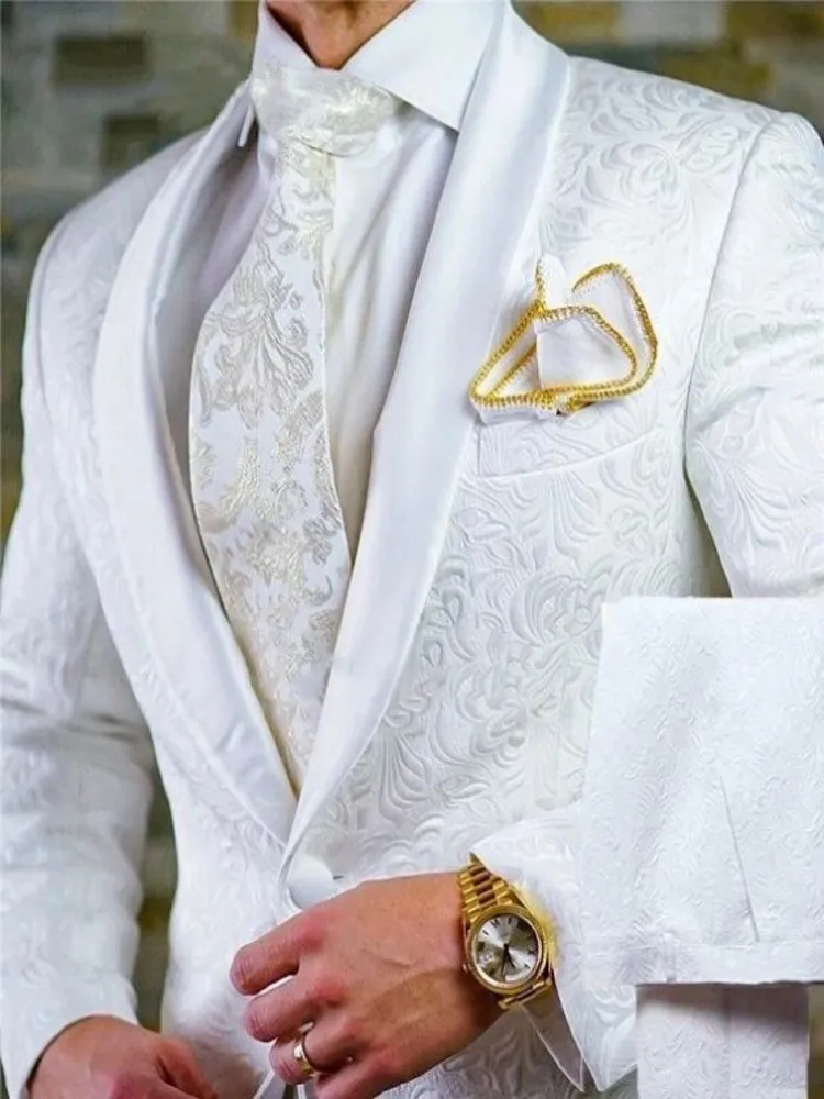 Groomsmen White Pattern Groom Tuxedos Shawl Satin Lapel Men Suits 2 Pieces Wedding Bridegroom ( Jacket Pants Tie )