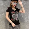 2024 Summer Fashion Korean T-shirt Clothes Sexy Hollow Out Inlaid Diamonds Letter Rose Women Tops Ropa Mujer Patchwork Mesh Tees - Image 5