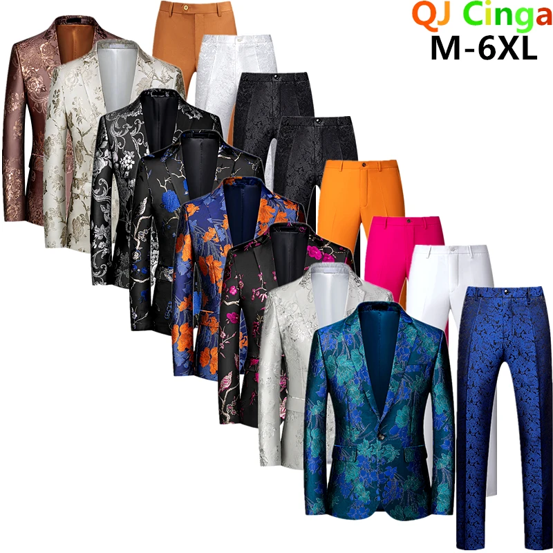 Men's Luxury Business Suit, Formal Coat and Trousers, Red and Green Costume, Stylish Slim Suit, Big Size, 6XL, 2 Sets