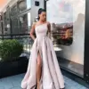 Champagne Prom Dresses 2024 A-Line Sexy High Slit Satin Evening Party Dress Maxys Long Prom Gown with Pockets Robe De Soiree