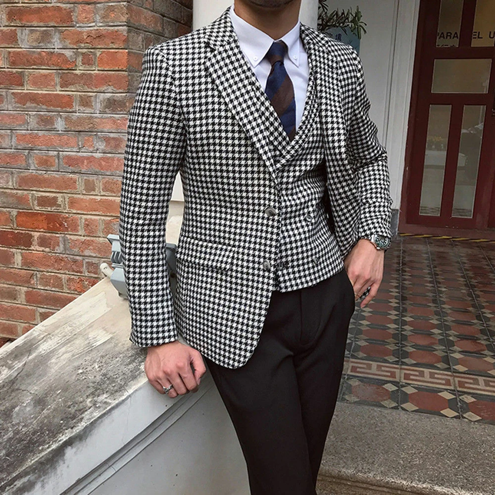 Men's Houndstooth Blazer and Houndstooth vest for Wedding Suits Formal Tweed Tuxedos Custom Made Man Suits Jacket pants vest