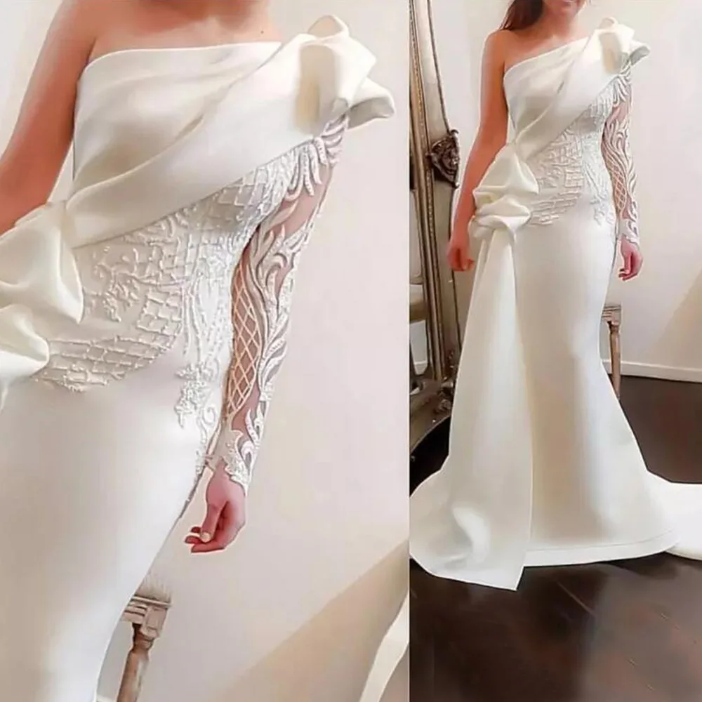 Elegant One Shoulder Lace Mermaid Wedding Prom Dresses Ruched Ruffles Train Evening Gowns Backless Dubai