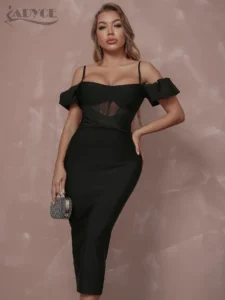 Adyce Off Shoulder Short Sleeve Bandage Dress Women Sexy Black Lace Elegant Bodycon Evening Club Celebrity Party Midi Lady Dress - Image 5