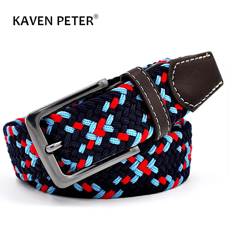 Men Elastic Pu Leather Belt Canvas Expandable Braided Stretch Belts With Mixed Knitted Black Buckle 105CM Factory Directly Price