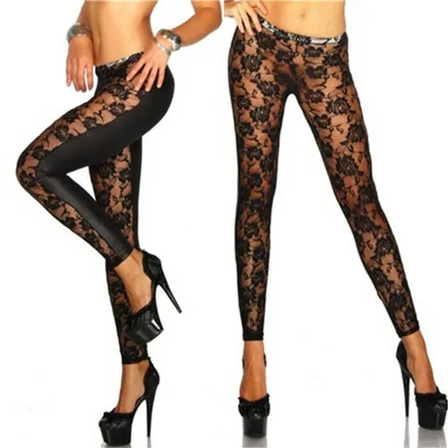Women Black Lace Rose Faux Leather Pants High Waist Stretch Slim Pants Leggings Girls Floral Lace Faux Leather Leggings Pants