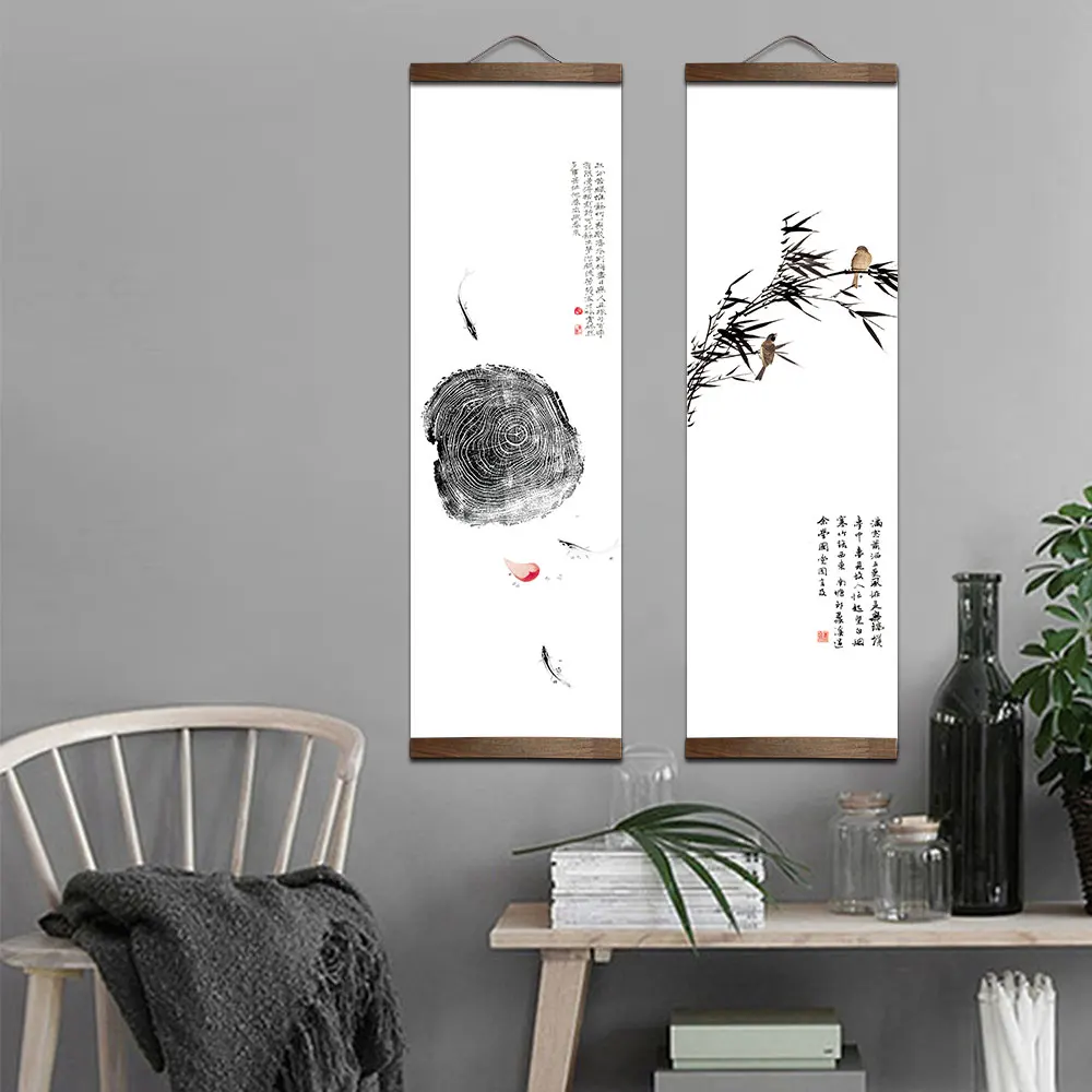 chinese style flower Green plants fish canvas decorative painting Store bedroom living room wall art solid wood scroll paintings