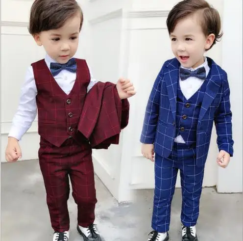 Brand Flower Wedding Boys Blazer Suit Formal Boys Tuxedos School Party Suit Kids Winter Clothing Sets 3PCS Kids Plaid clothing