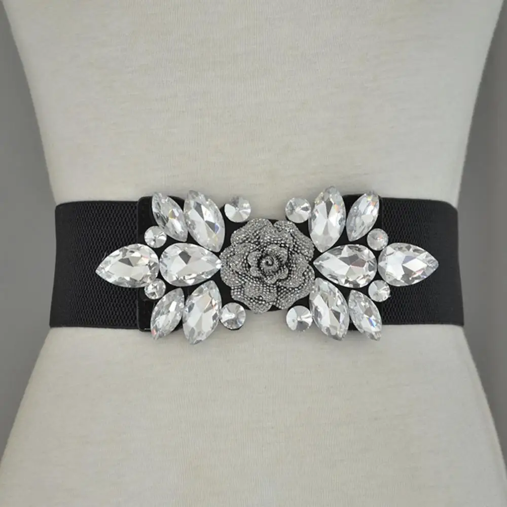 Women Belts Wedding Party Fashion Luxury Floral Buckle Rhinestone Elastic Wide Clinch Belt Waistband
