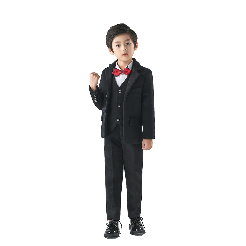 Boys Tuxedo Suits Set Flower Kids Winter Spring Blazer Vest Pants Wedding Party Performance Children Jacket Outfits