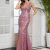 Elegant Evening Dresses Mermaid Sleeveless Double V-Neck Sequin 2024 Ever Pretty of Sexy Fishtail Orchid Bridesmaid dresses