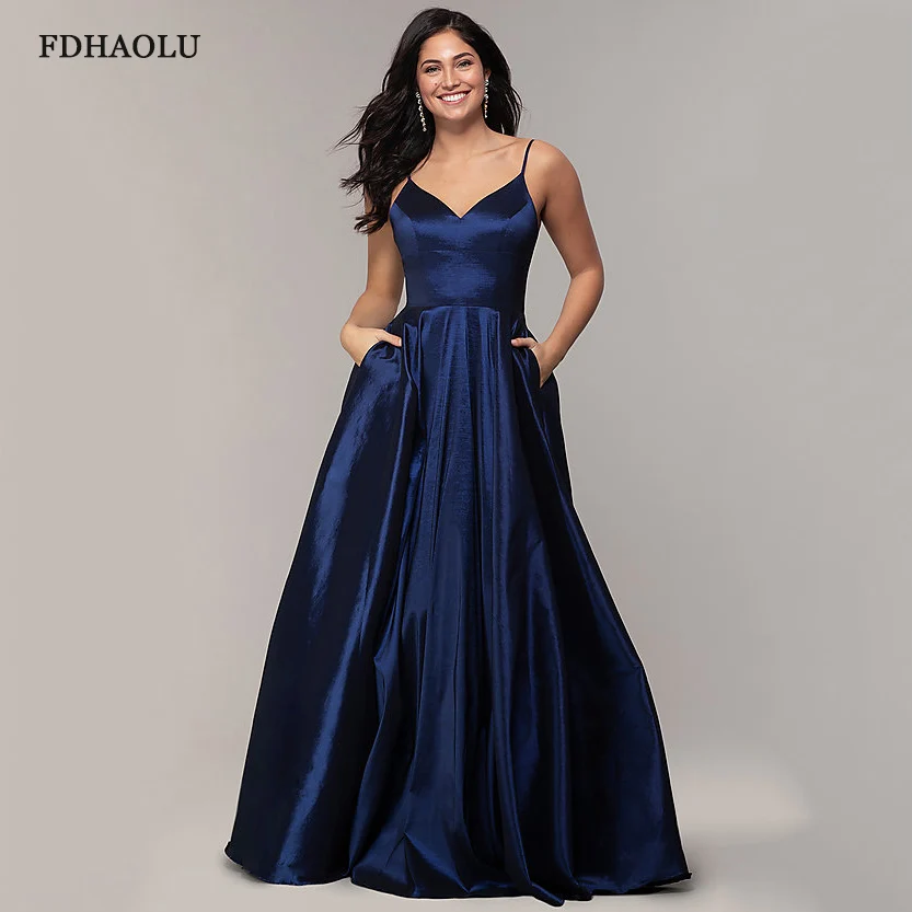 AE47 Vestido De Festa Navy Blue Long Prom Dresses Sexy V Neck Green Satin Evening Party Gown A-line