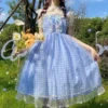 Kawaii Japanese Sweet Lolita Style Soft Girly Dress Vintage Square Collar Cartoon Cute Bow Sleeveless Ruffles Plaid JSK Dresses - Image 4