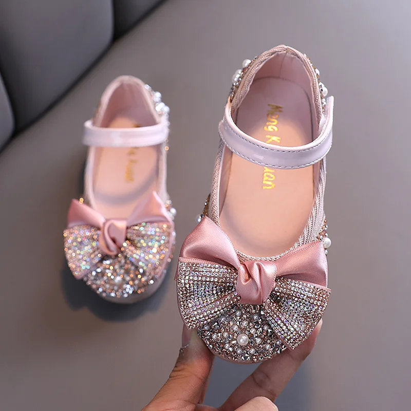 New Children Leather Shoes Rhinestone Bow Princess Girls Party Dance Shoes Baby Student Flats Kids Performance Shoes