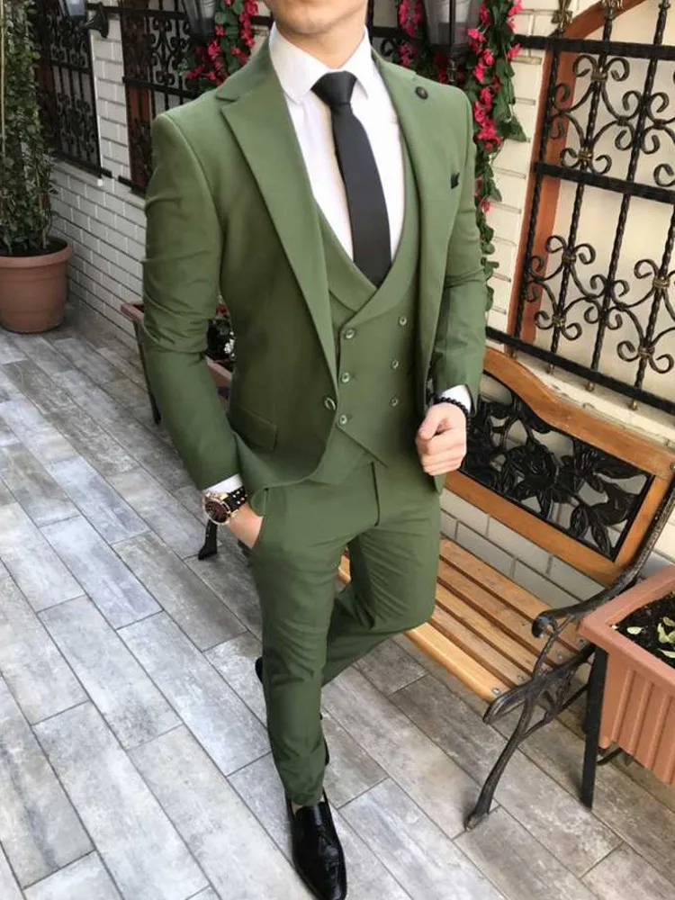 Custom Made Men Suits Olive Green Groom Tuxedos Notch Lapel Groomsmen Wedding Best Man 3 Pieces ( Jacket Pants Vest Tie )
