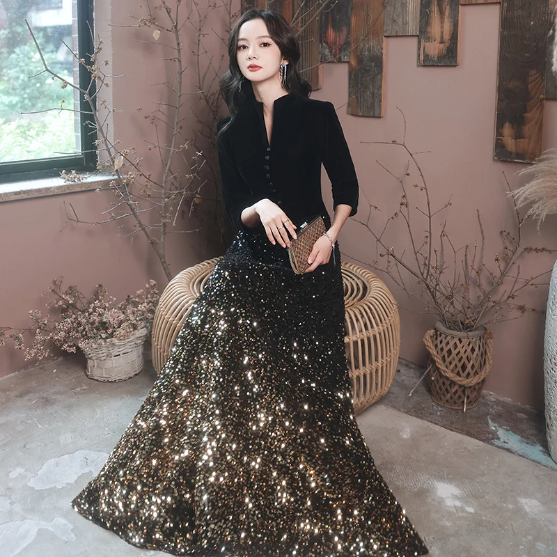 2024 Evening Dresses Elegant Black Sequins Evening Dress Long Plus Size Formal Gowns Shining robe de soiree