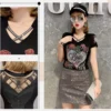 2024 Summer Fashion Korean T-shirt Clothes Sexy Hollow Out Inlaid Diamonds Letter Rose Women Tops Ropa Mujer Patchwork Mesh Tees - Image 6