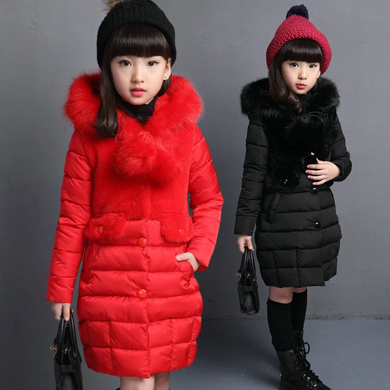 2024 Child Clothes Girl Kid button coat Jacket windbreaker Winter Cotton plus velvet Outerwear Warm Hooded plush 9 10 11 12 year