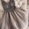 Gray Cocktail Dresses 2022 V-Neck Sparkles Sequins Beading Tulle Short Prom Dresses Vestidos De Gala Women Graduation Gown Robe