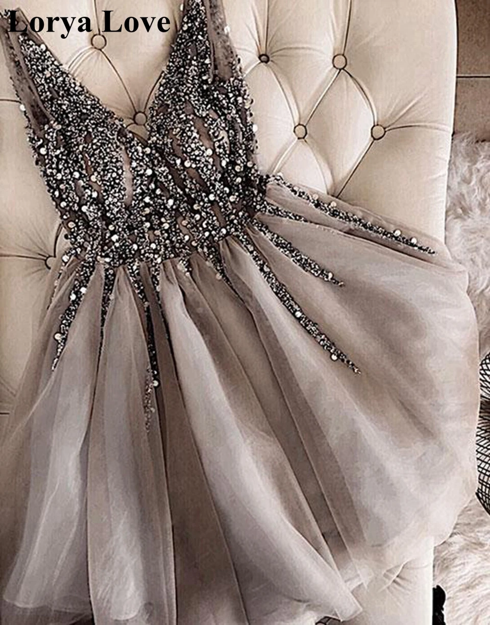Gray Cocktail Dresses 2022 V-Neck Sparkles Sequins Beading Tulle Short Prom Dresses Vestidos De Gala Women Graduation Gown Robe