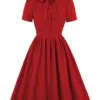 Tonval Red Solid Dresses for Women Bow Tie Neck Button Up Vintage Pleated Dress Party Elegant Robes Short Sleeve Summer 2022