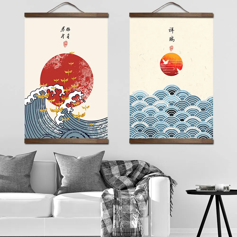 Chinese Classical Style Ancient Canvas Painting Poster Wall Art with wood hanging scrolls for living room vintage room decor
