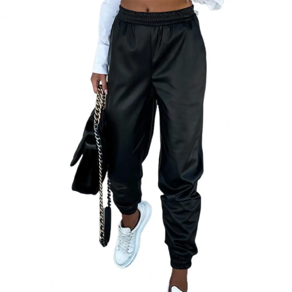 Winter Pants Leather Leggings Women's Casual PU Warm Solid Color All Match Loose-fitting Pants Elastic Waist Trouser Outwear