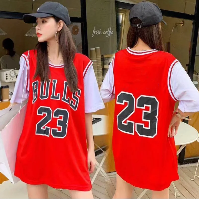 Women Mini Dress Oversize Basketball T Shirt O-Neck Dresses Summer Cotton Match Basic Harajuku Summer Print Lady