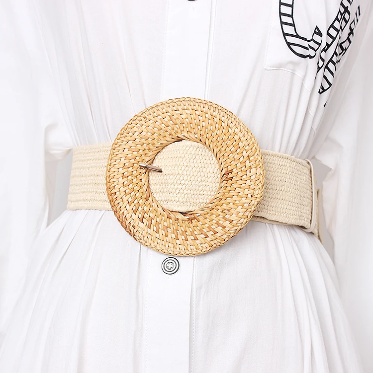 Wooden Buckle Dress Belt For Women Casual Female Braided Wide Strap Female Designer Woven Girls Elastic PP Straw Belts