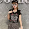 2024 Summer Fashion Korean T-shirt Clothes Sexy Hollow Out Inlaid Diamonds Letter Rose Women Tops Ropa Mujer Patchwork Mesh Tees - Image 3