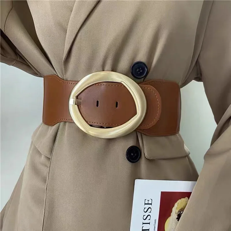 Women Wide Belt Fashion Elastic Vintage Buckle PU Leather Wild Pin Buckle Waistband Adjustable Ceinture Femme Fajas Dress Girdle