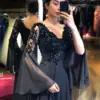 2024 Elegant Black Backless Floor Length A-Line Evening Dresses Long Sleeve V-Neck Flare Lace Appliques Sequins Party Prom Gown