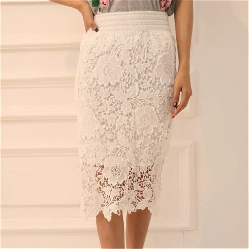 Wholesale High Quality 2022 New Women Lace Skirt Pencil Hollow Out White Black SKirt Knee Length SIze S-3XL Fashion New skirts