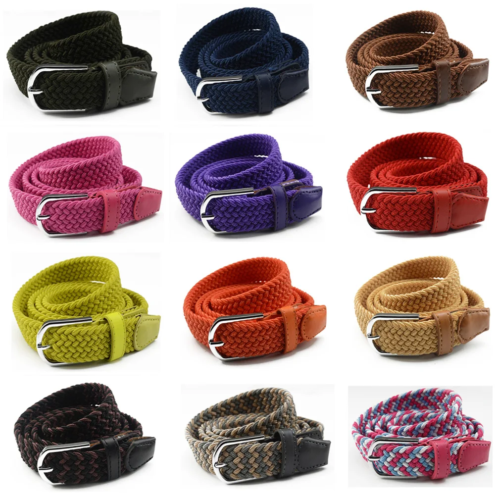 Men Women Silver Pin Buckle Crochet Belt Braided Canvas Casual Jeans Waistband