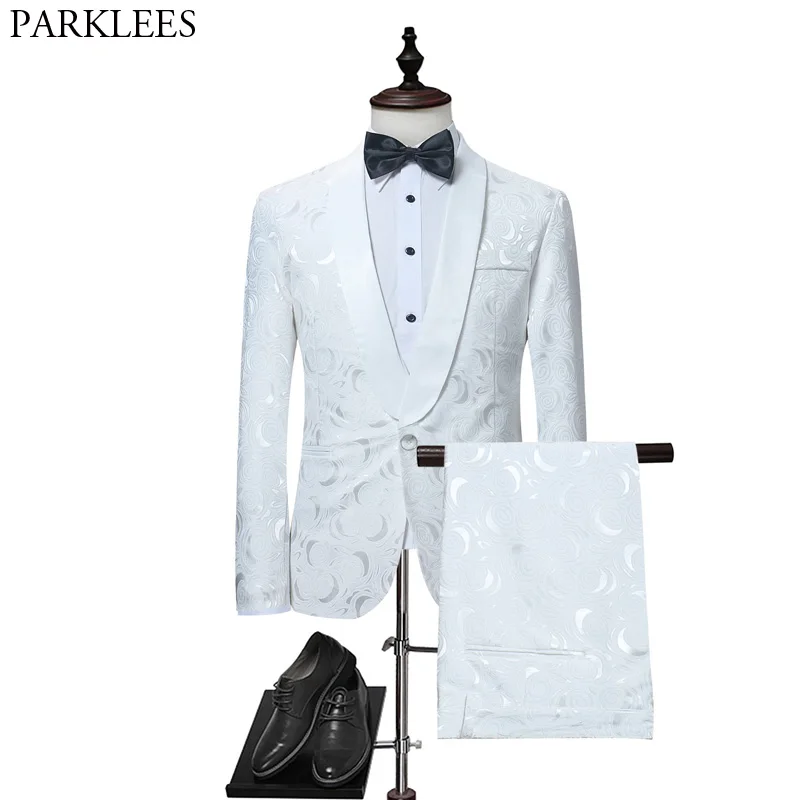 Mens White Floral One Button Suits Party Wedding Groom Tuxedos Groomsmen 2 Piece Suit (Jacket Pants) Male Costume Mariage Homme