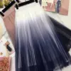 Long Tulle Skirt Women 2022 Summer New Gradient Korean Elegant High Waist A-line Pleated School Midi Skirt Female