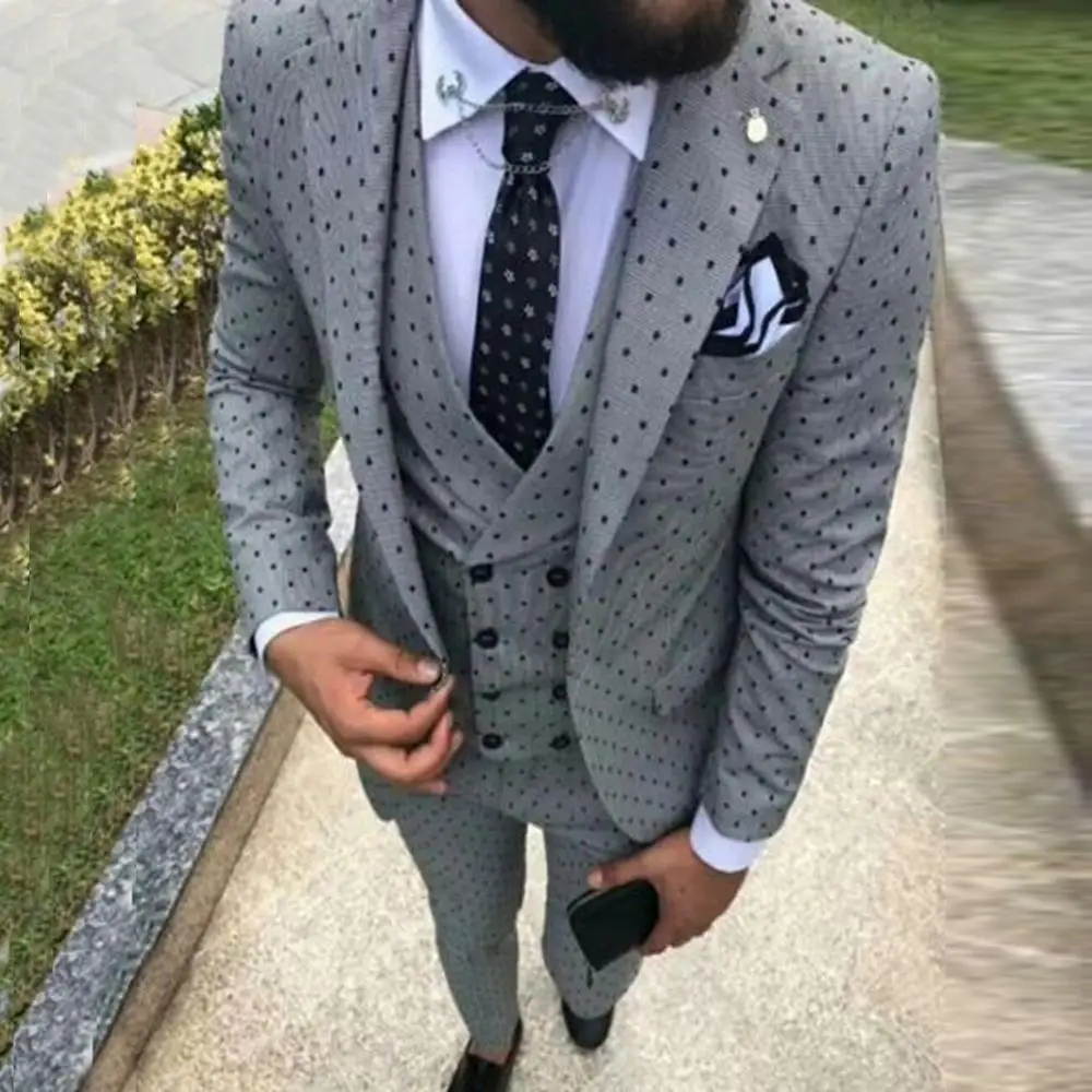 Mens suits Wave point Three Pieces Men Dress Suits Casual Commuter office business suits For Wedding(Blazer Vest Pants)