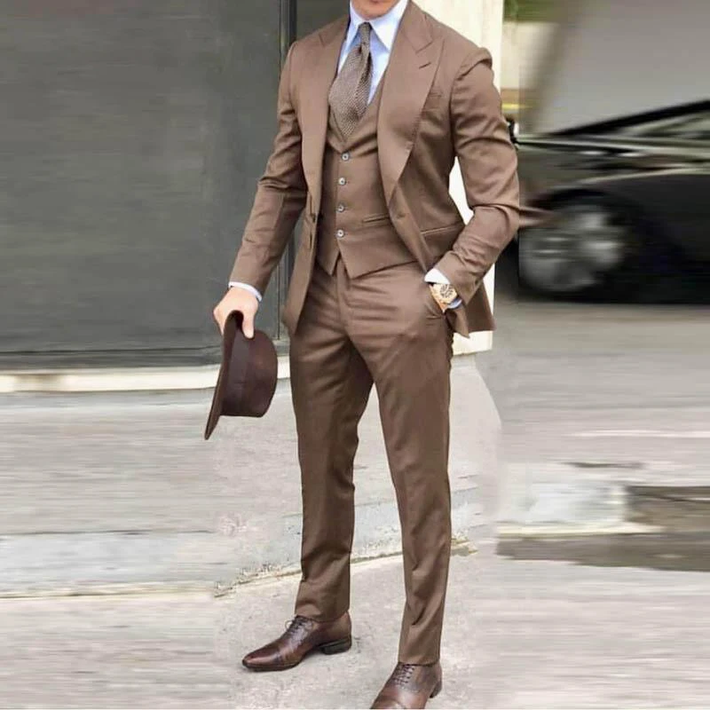 Mens suit Groom Tuxedos Brown Prom Wedding Men Suit Slim Fit Cotton Blend Formal Suit For Men Slim Fit 3pcs(Jacket Pants Vest)