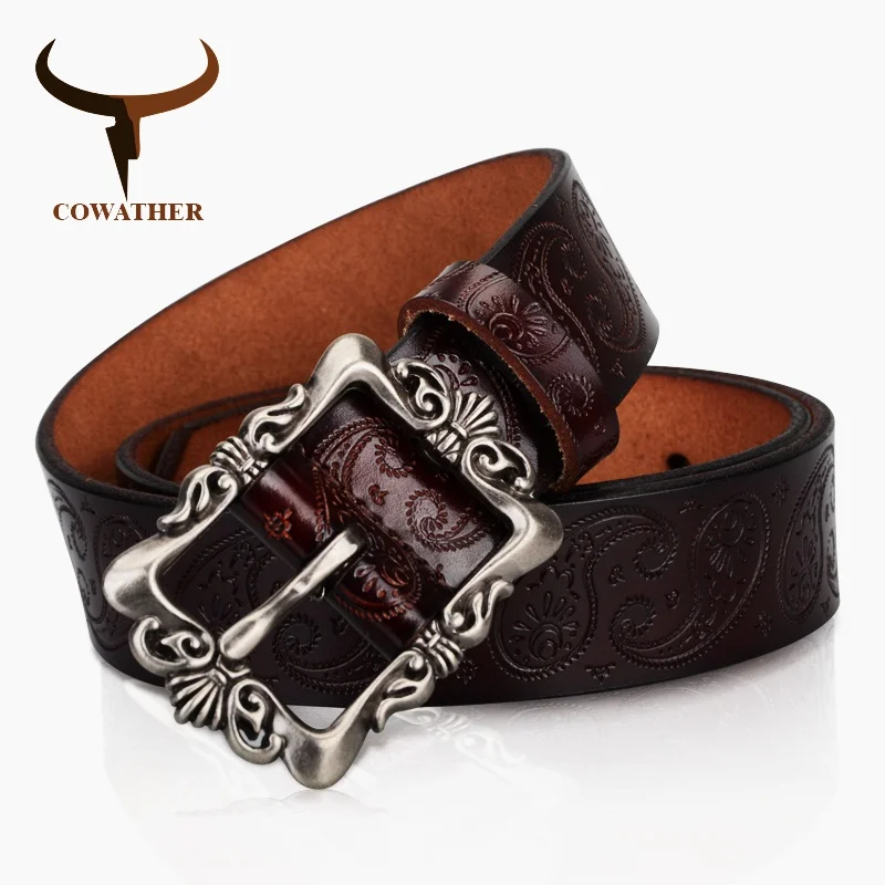 COWATHER 2021 cow genuine leather belts for Women luxury strap female belt Cashew flowers high quality pin buckle 3.2cm